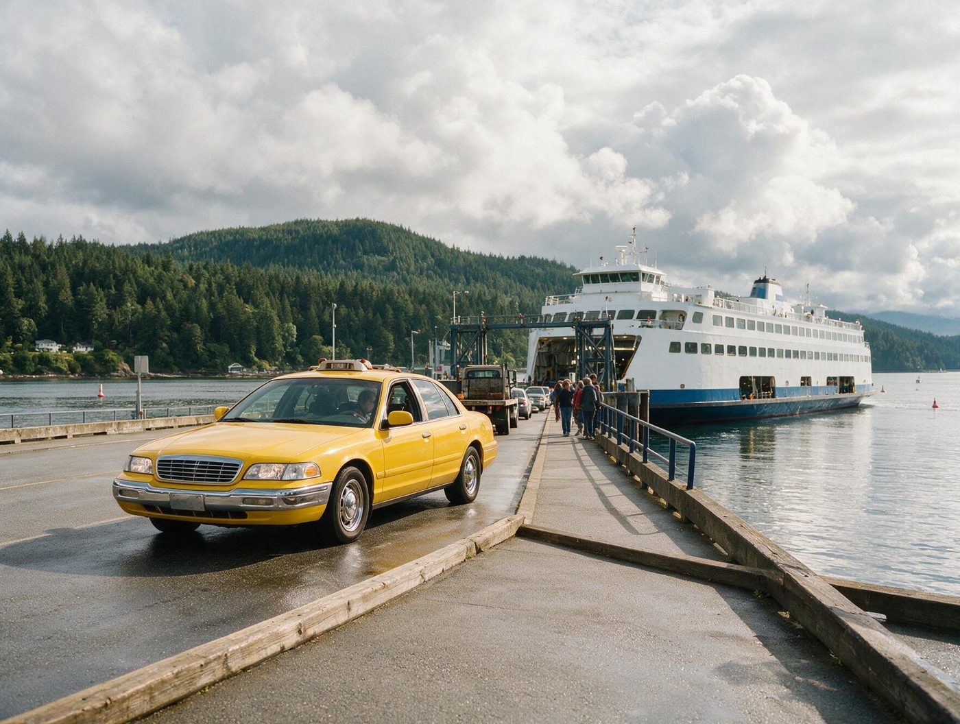 A taxi waiting at the ferry terminal as a BC ferry berths