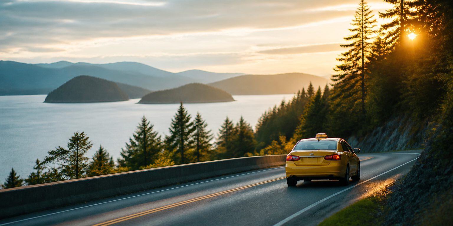 A yellow taxi on the coastal highway above the Salish Sea at golden hour