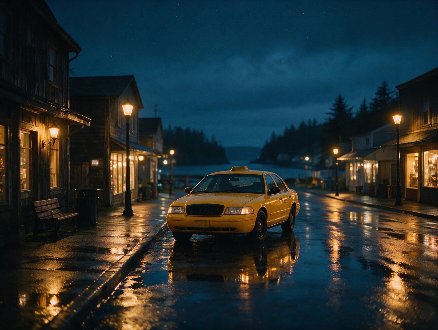A taxi waiting on a rain-slicked small-town street at night