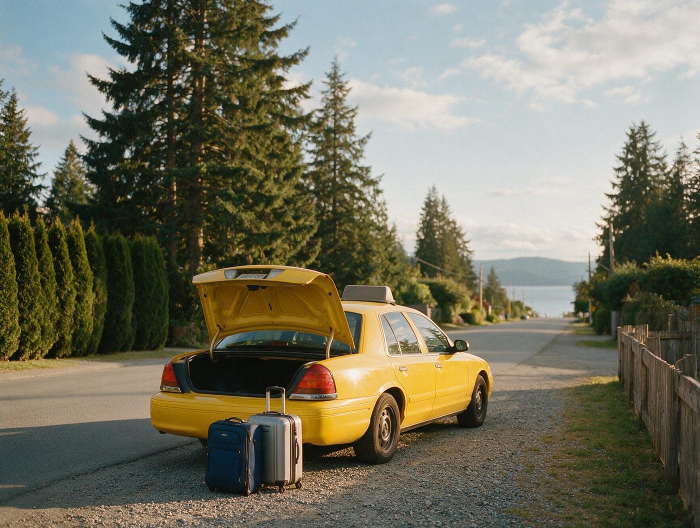 A yellow taxi parked on a quiet coastal street with its trunk open and two suitcases beside it